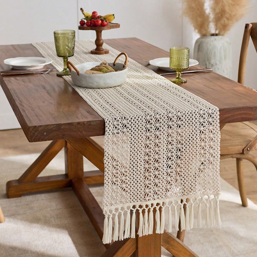 Christmas Table Runner - 1PC Beige Boho Farmhouse-Style Tasseled Table