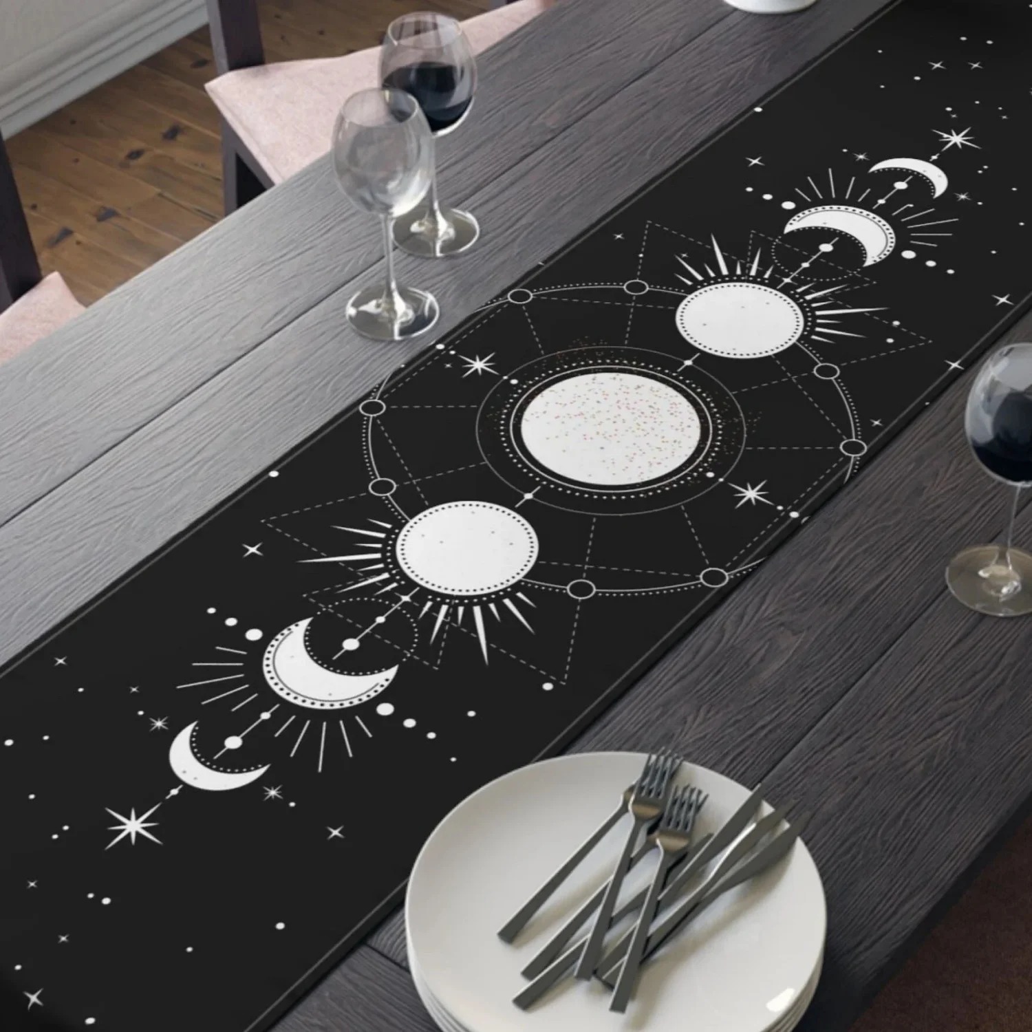Christmas Table Runner - Celestial Sun Moon Star Printed Table