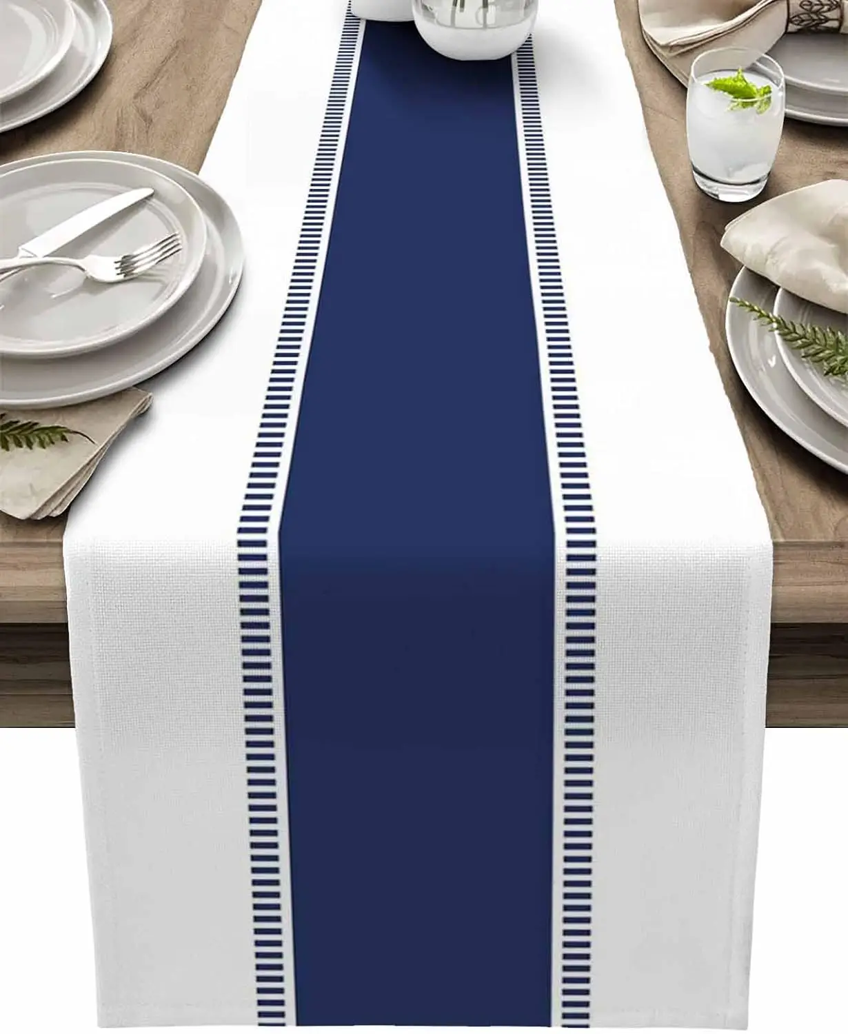 Navy Blue Stripes Linen Table  - Christmas Table Runner recension och pris